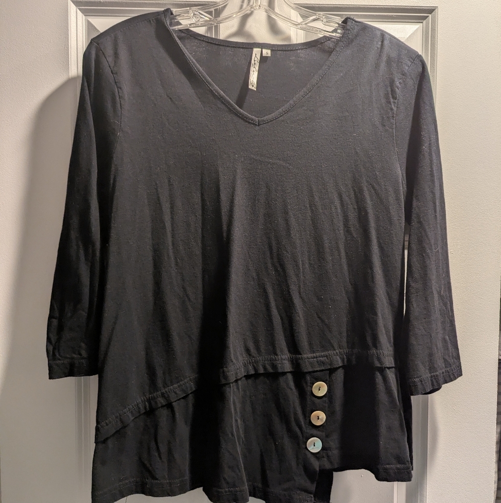 Black V-Neck Women's Top with Button Detail